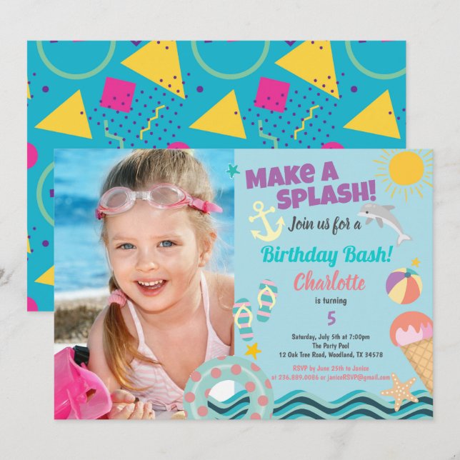 Piscine anniversaire photo invitation pour fille (Devant / Derrière)