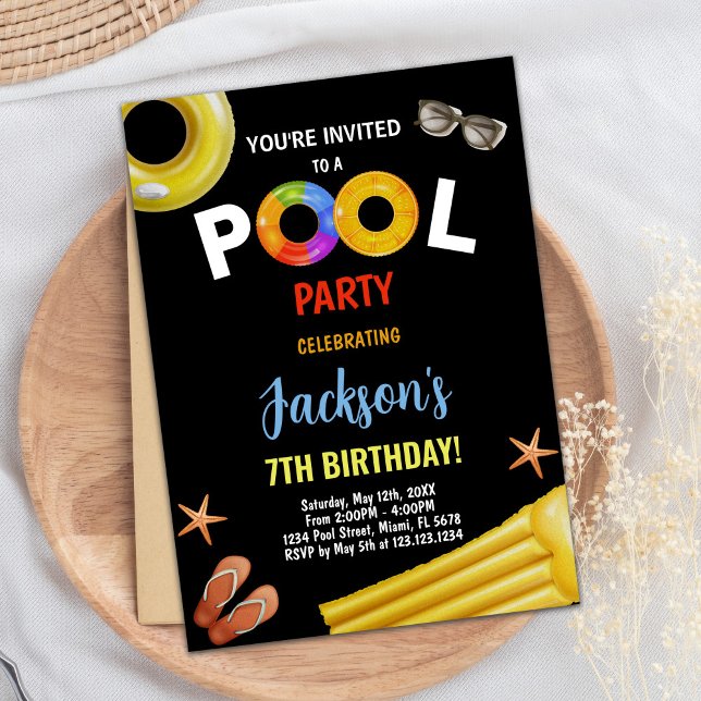 Piscine Bleue Jaune Noir Invitations Anniversaire (Black Yellow Blue Pool Birthday Invitations)
