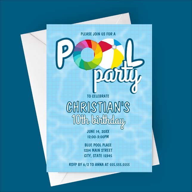 Piscine Carrelée Invitation Anniversaire (Tiled Pool Party Birthday Party Invitation with Beach Ball and Round Colorful Raft)