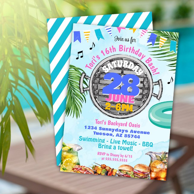 Piscine colorée BBQ Anniversaire Fête Invitation (Tropical beach theme pool party birthday barbeque invitation with pink purple and palm leaves)