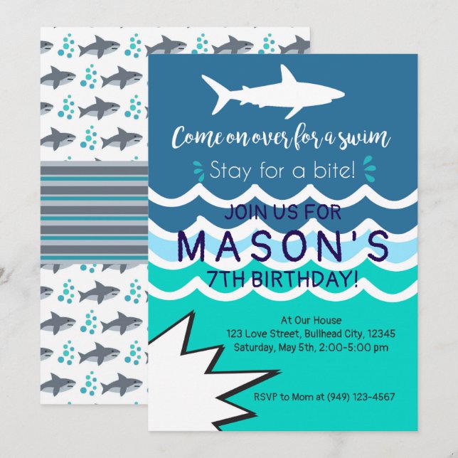 Piscine de requin nage Invitation Garçons été (Devant / Derrière)