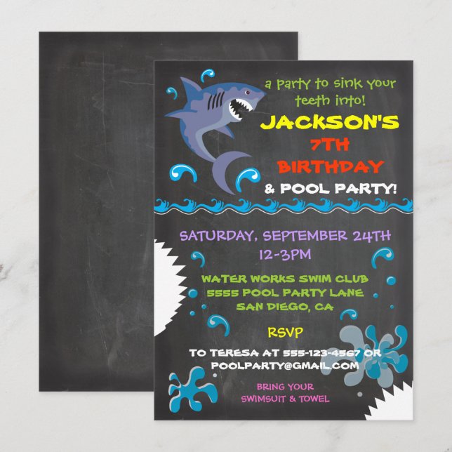 Piscine de requins Chalkboard Invitations de fête  (Devant / Derrière)