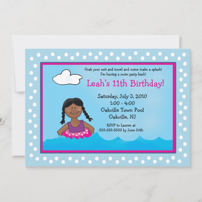PISCINE Fille à peau foncée 5x7 Invitations d'anni (Devant)