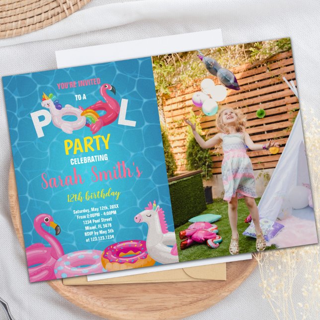 Piscine Flamant rose rose Invitations Anniversaire (Pink Flamingo Pool Birthday Invitations w photo)