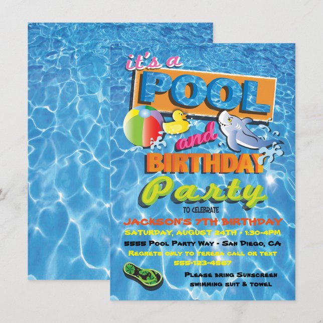 Piscine Invitations de fête d'anniversaire avec de (Devant / Derrière)