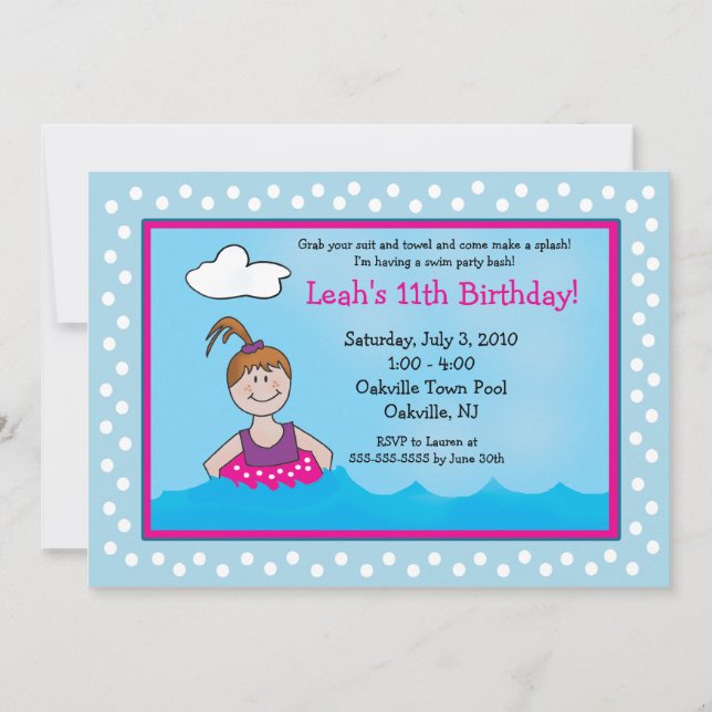 PISCINE Party Ponytail Girl 5x7 Invitations d'anni (Devant)