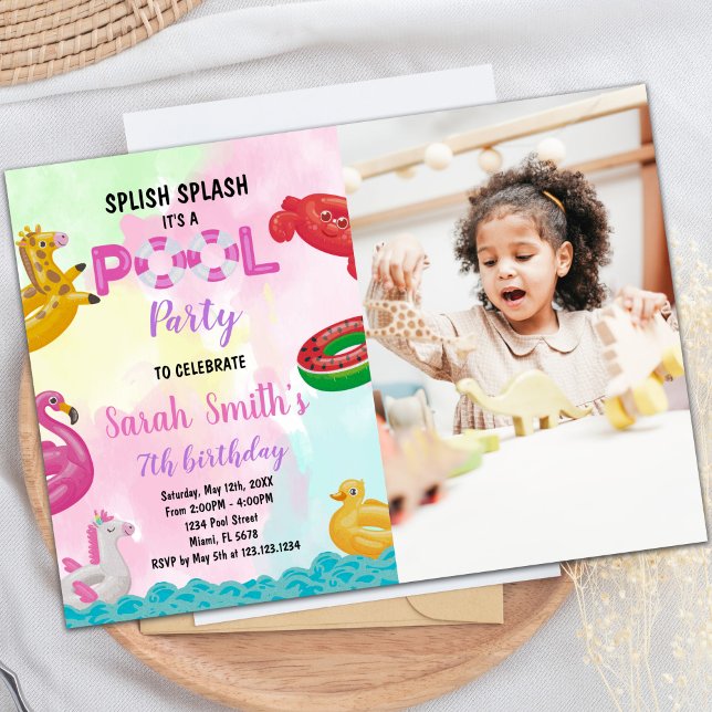 Piscine rose Invitations d'anniversaire avec photo (Pink Pool Birthday Invitations with photo)