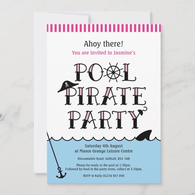 Piscine rose Pirate Party Anniversaire Invitation (Devant)