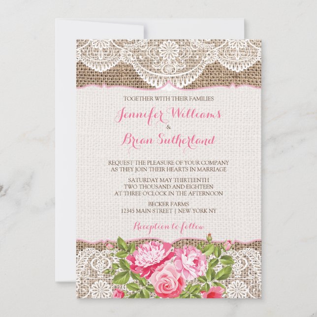 Pivoine rustique de roses de faire-part de mariage (Devant)