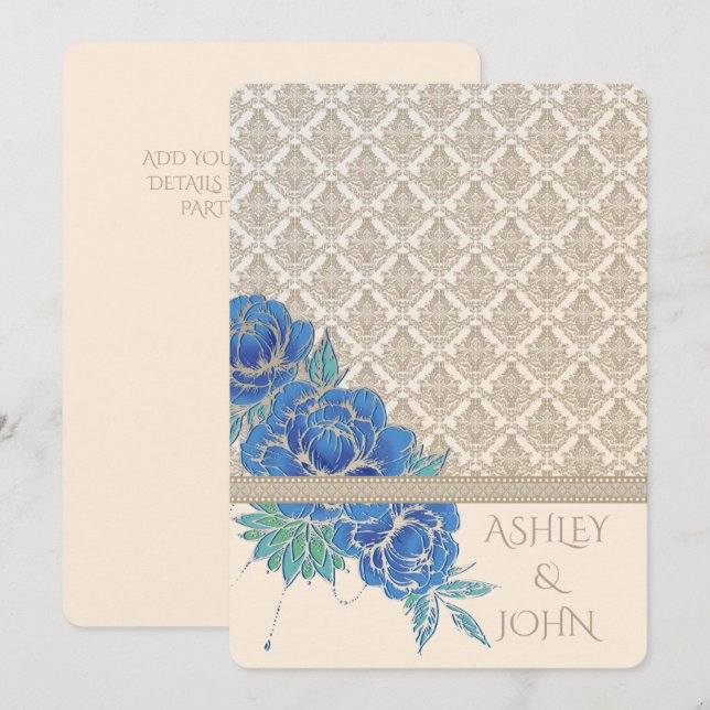 Pivoines bleues & damas ~ Carte d'invitation (Devant / Derrière)