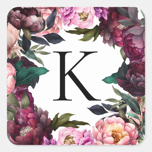 Pivoines Élégantes | Étiquette de Monogramme Flora (Devant)