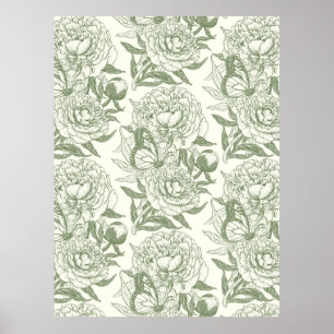 Pivoines et papillons impression par blocage, vert