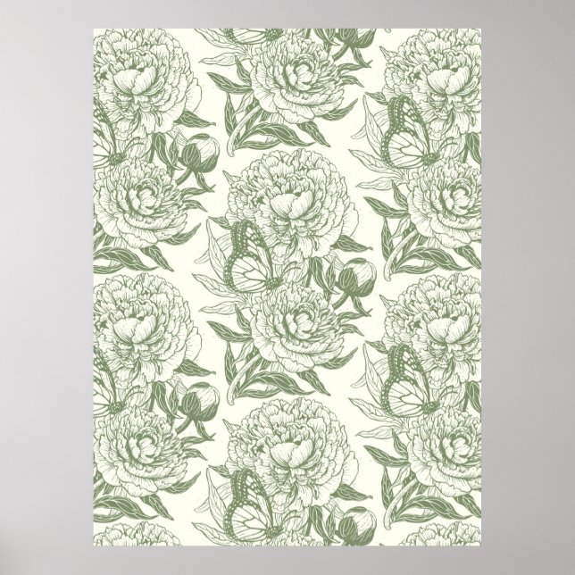 Pivoines et papillons impression par blocage, vert (Devant)
