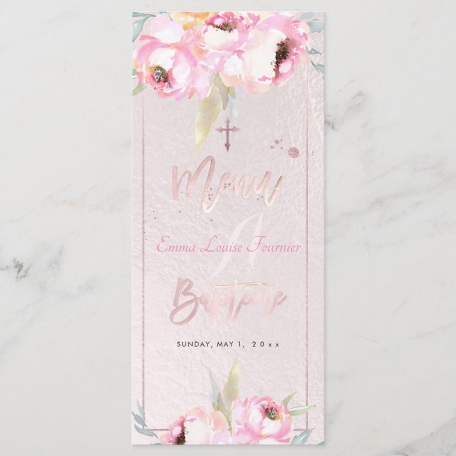 PixDezines Aquarelle Peonies Baptême Menu Français (Devant)