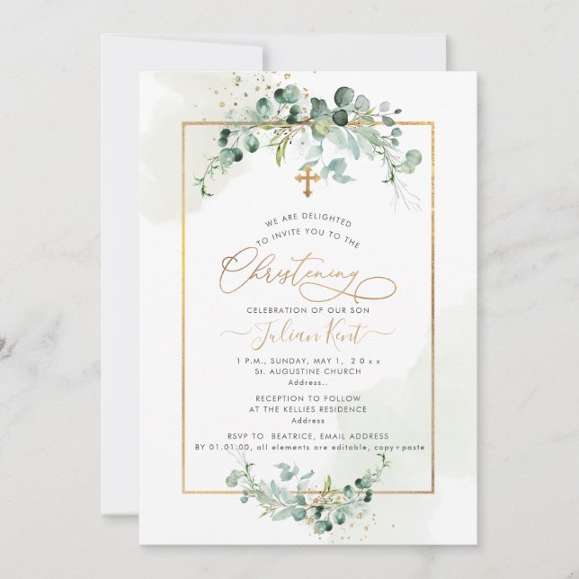 PixDezines H2 Eucalyptus Christening Invitation (Devant)