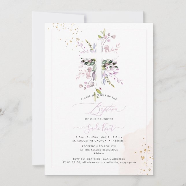 PixDezines H2 Pink Eucalyptus Baptism Invitation (Devant)
