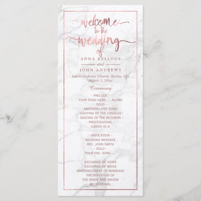 PixDezines Marble+Faux Rose Gold Wedding Programme (Devant)