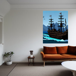 Pixel art, bateau sur l'océan   AI Art Poster