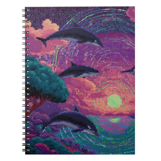 Pixel coucher de soleil dauphins Carnet de tourbil (Devant)