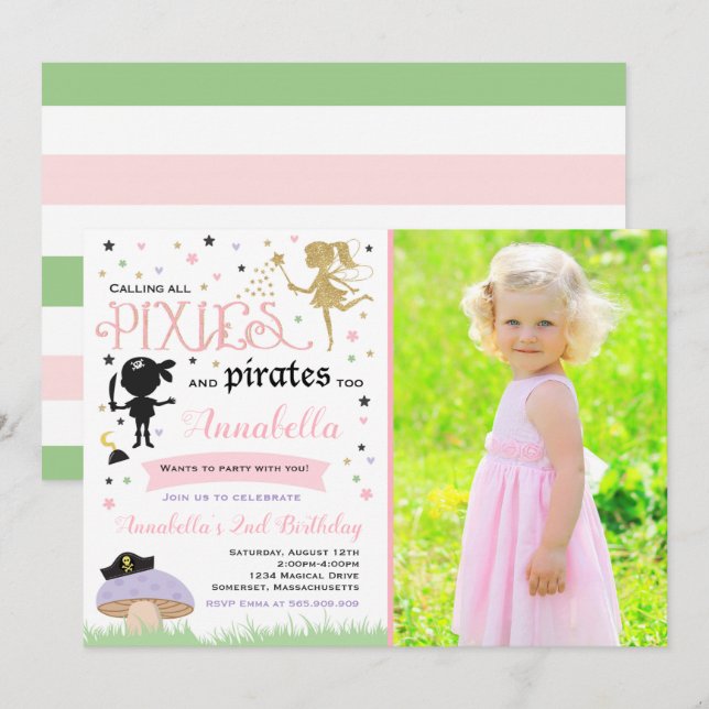 Pixie Et Pirate Invitation Anniversaire Fée Pirate (Devant / Derrière)