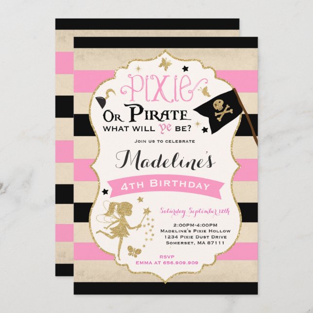 Pixie Et Pirate Invitation D'Anniversaire Pirate F (Devant / Derrière)