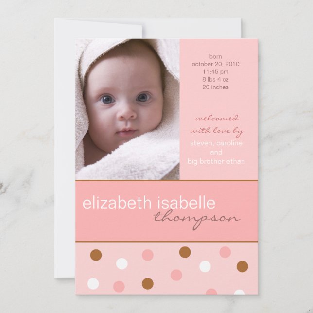 Pixie Pink Polka Dot Baby Girl Photo Faire-part (Devant)