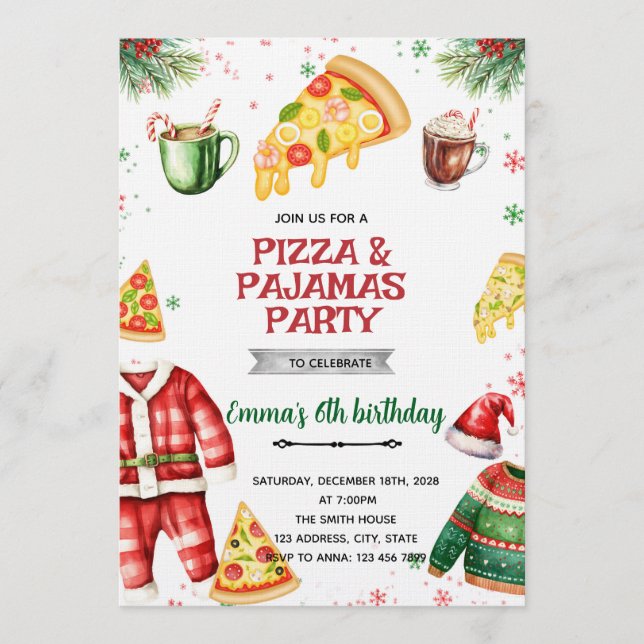 Pizza and Pajamas Christmas Invitation (Devant)