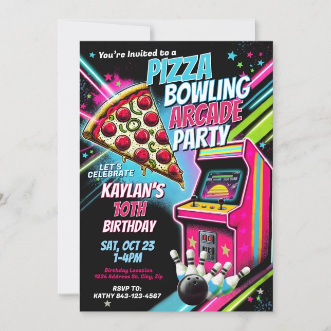 Pizza Arcade Bowling Party Invitation pour enfants (Devant)