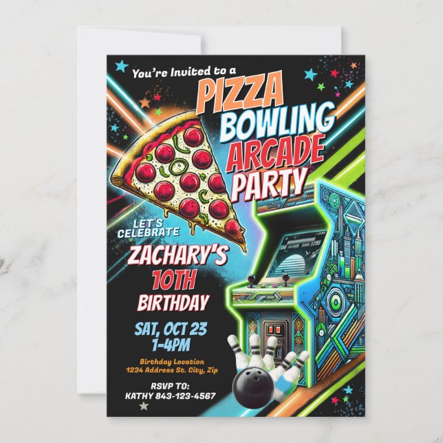 Pizza Arcade Bowling Party Invitation pour enfants (Devant)