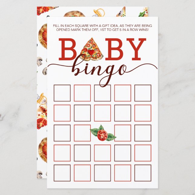 Pizza Baby shower Bingo Carte de jeu | Activité de (Devant / Derrière)