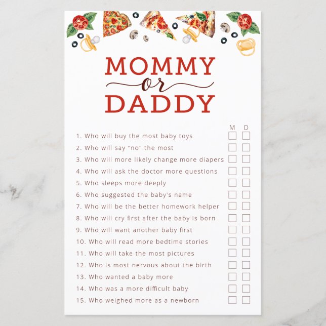 Pizza Baby shower Jeu - Maman ou Papa Guesser G (Devant)