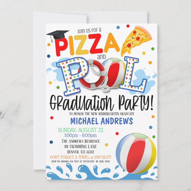Pizza et Pool Party Graduation Invitation (Devant)