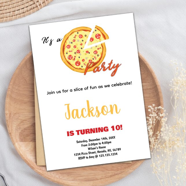 Pizza jaune orange blanc rouge Invitations Anniver (Yellow Orange White Red Pizza Birthday Invitations)
