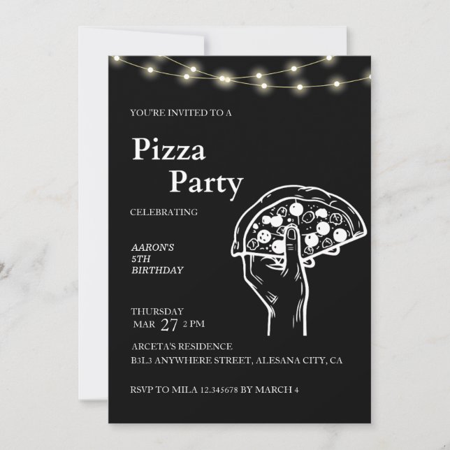 Pizza minimaliste moderne noire Invitation d'anniv (Devant)