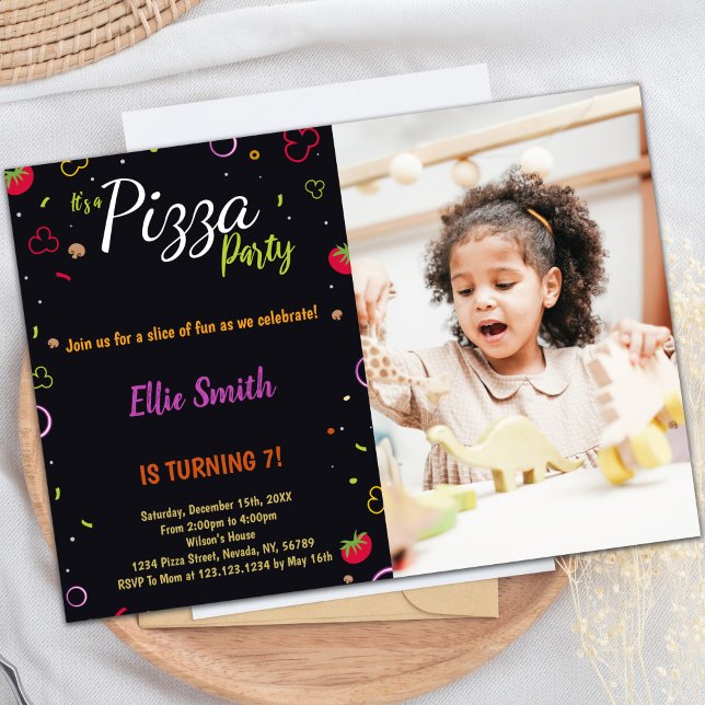 Pizza noire Invitations d'anniversaire avec photo (Black Pizza Birthday Invitations with photo)