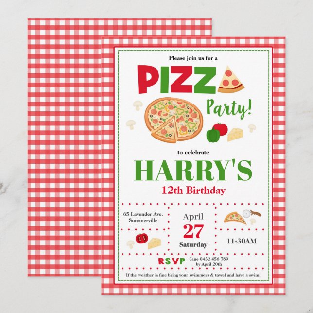 Pizza Party Anniversaire Invitation Garçons Restau (Devant / Derrière)