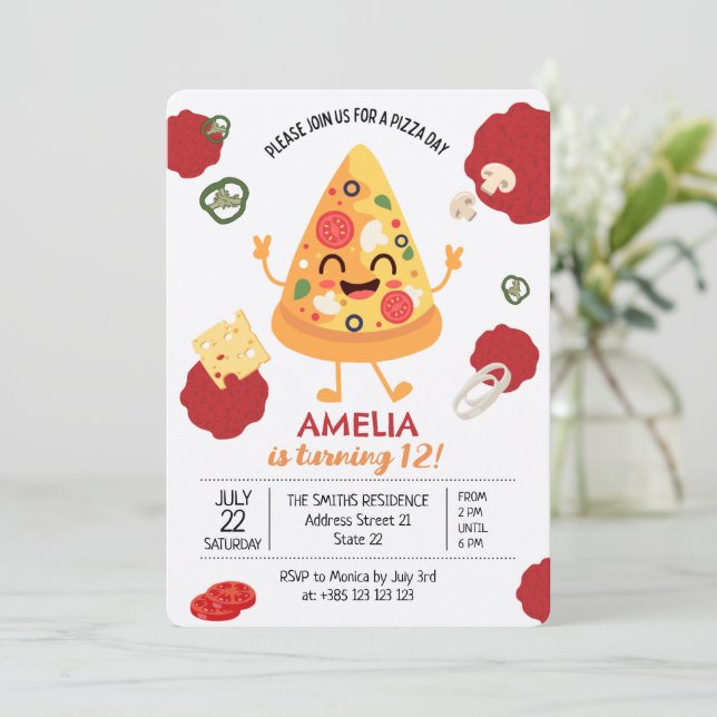 Pizza Party Kawaii Anniversaire Invitation (Debout devant)