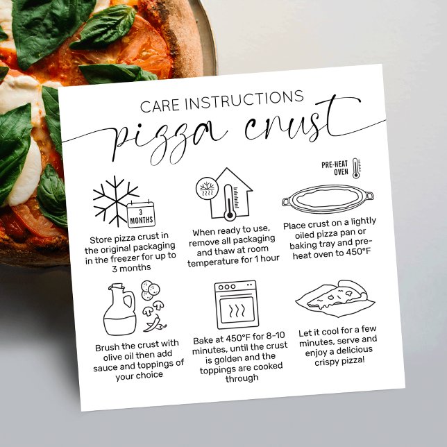 Pizza Poussière minimaliste Cartes d'entretien (Minimalist sourdough pizza crust care instructions cards with care icons, stylish calligraphy font)