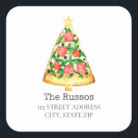 Pizza Slice Christmas Tree Adresse Sticker Carré<br><div class="desc">Illustration d'une tranche de pizza en forme d'arbre de Noël surmontée d'une étoile. La pizza est décorée de légumes et de tomates. Personnalisez avec le nom et l'adresse.</div>