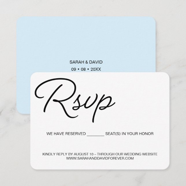 Place réservée chic noir et bleu pour mariage RSVP (Devant / Derrière)