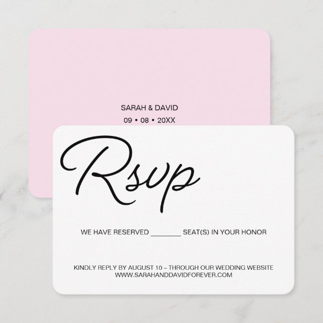 Place réservée chic noir et rose pour mariage RSVP (Devant / Derrière)