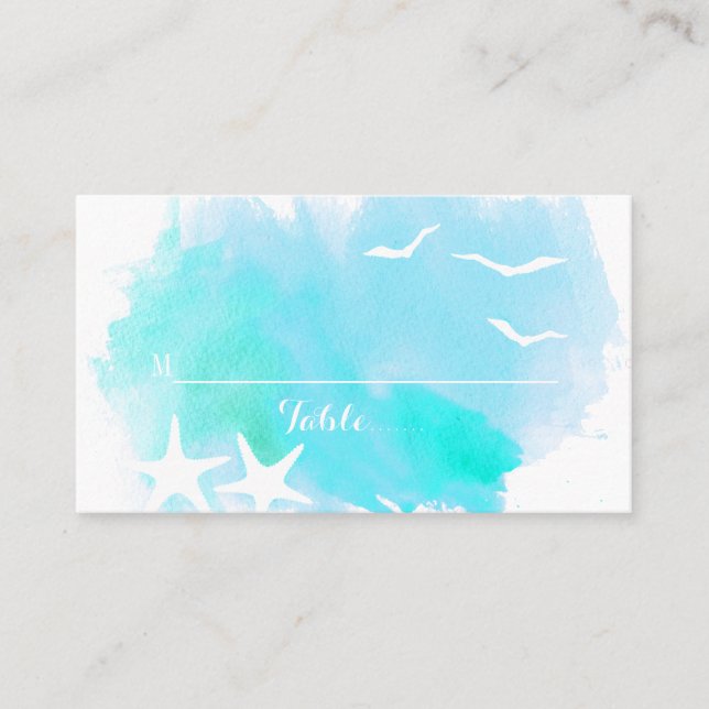 Placement Aqua aquarelle, carte de lieu de mariage de plage  (Devant)