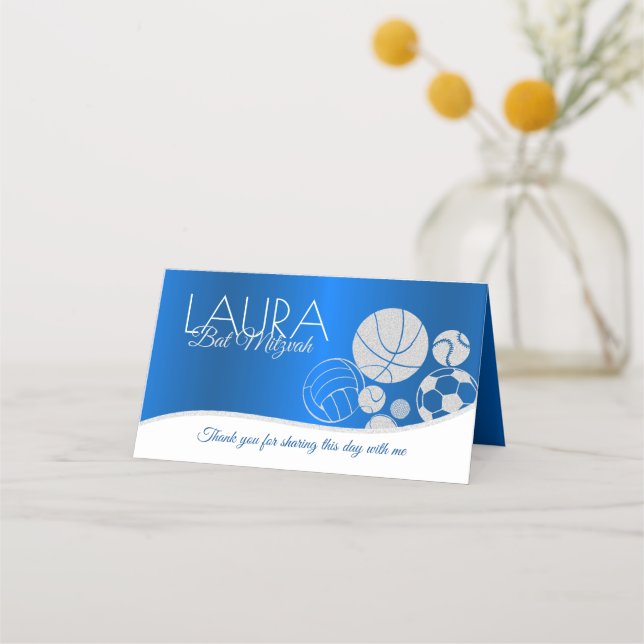 Placement Bat mitzvah de sport Carte de siège bleu et or (Dos)