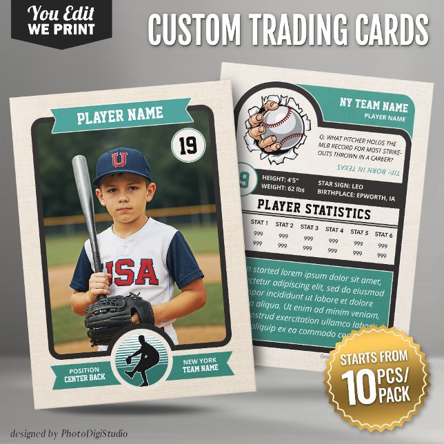 Placement Carte à collectionner de baseball personnalisée vi (Vintage Custom Baseball Trading Card 10 pcs/pack Teal Blue Player Card)