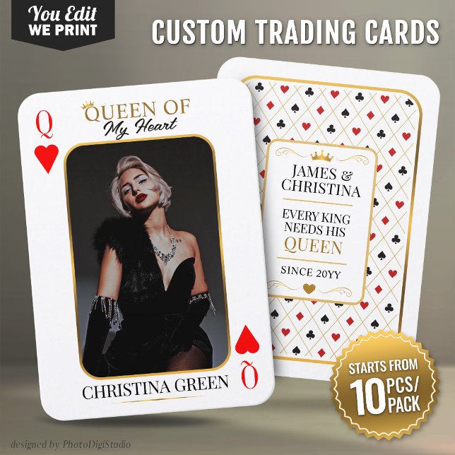 Placement Carte à collectionner personnalisée, Photo de la R (Custom Trading Card, Queen of Hearts Poker Photo Place Card)