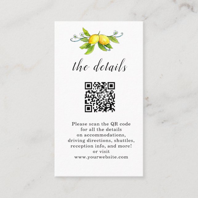Placement Carte de détails du mariage de code QR citrons vin (Devant)