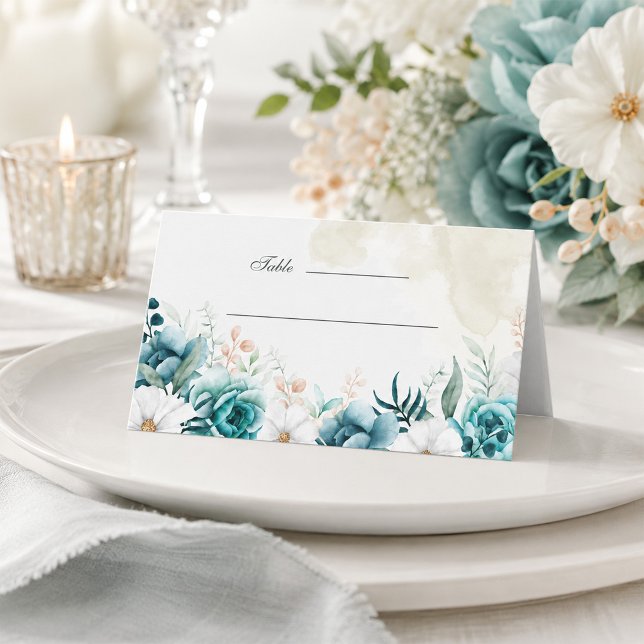 Placement Carte de lieu de mariage botanique sarcelle (Teal Botanical Wedding Place Card)