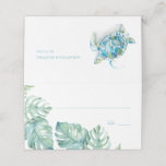 Placement Carte de lieu de mariage de destination tropicale<br><div class="desc">La carte tropicale ou la carte d'escort design comporte une bordure inférieure de feuilles de palmiers aquarelés avec une tortue de mer dans les tons bleus et turquoise. Espace prévu pour le nom de l'invité et le numéro de table. Les cartes sont inversées pour révéler les noms de mariée et...</div>