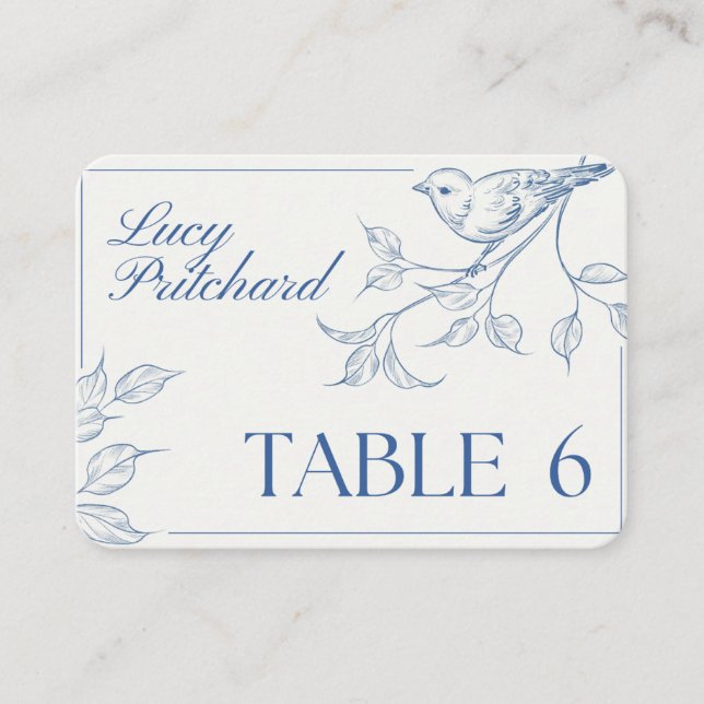 Placement Carte de lieu de mariage Oiseau & Botanique – Bleu (Devant)