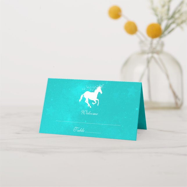 Placement Carte de lieu de réception Unicorne Turquoise (Devant)